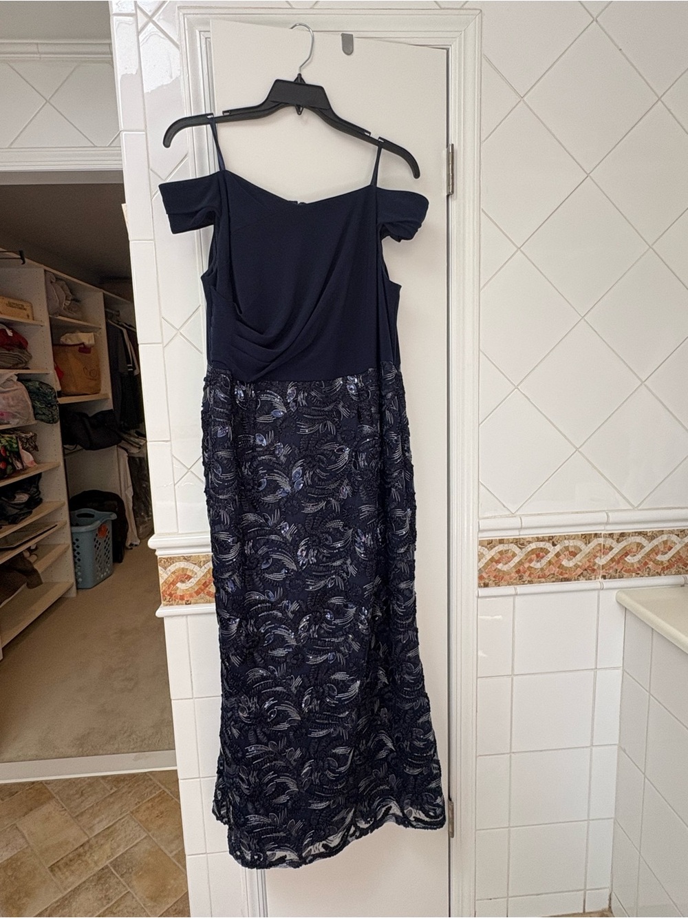 Adrianna Papell Navy Off-Shoulder Lace-Overlay Maxi Dress - never worn